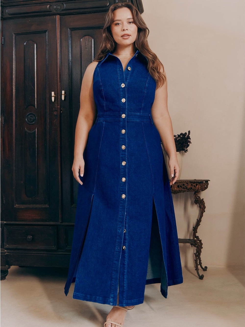 Eloquii Denim Button-Front Maxi Dress